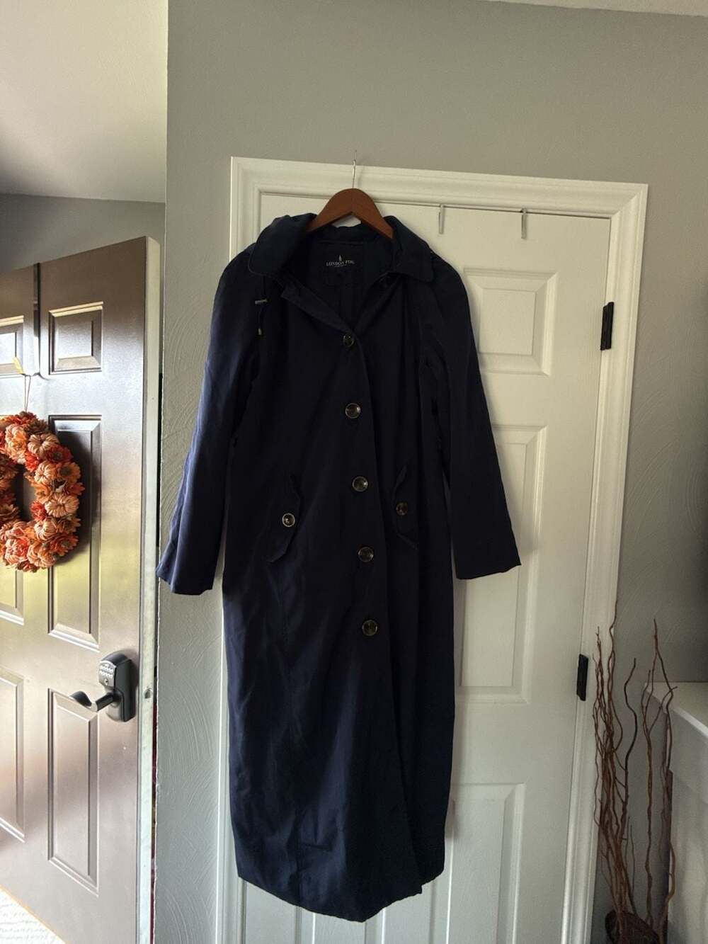 London Fog Trench Coat Size L Navy Long Jacket